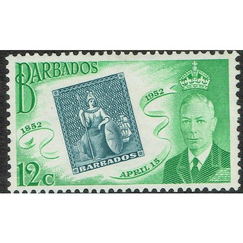 Barbados 1952 Stamp Centenary 12c Slate Green and Bright Green SG287 MM