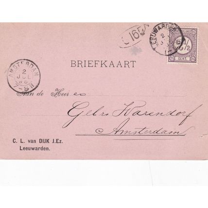 Netherlands 1895 C.L.van Dijk Leeuwarden to Amsterdam 2.5c Postal card used VGC