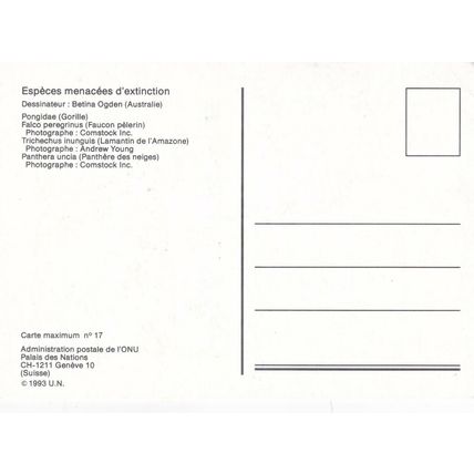 United Nations Geneva 1993 Wildlife Maximum Card FDI special cancel Unaddressed