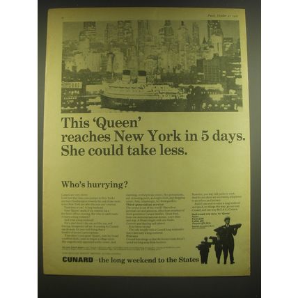 1965 Cunard Cruise Ad - This Queen reaches New York in 5 days.