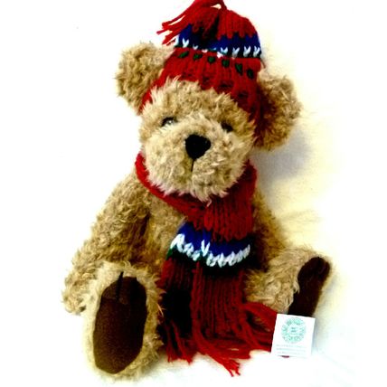 VINTAGE GIBSON GREETINGS LIGHT BROWN FURRY PLUSH BEAR w MAROON KNIT HAT & SCARF