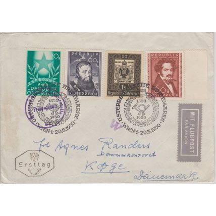 Mi: 935/949/950/948 used 20.5.1950 FDC Vienna- Danemark Censored