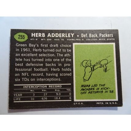 1969 Topps Football Card # 255 Herb Adderley VG-Ex (4) Green Bay Packers