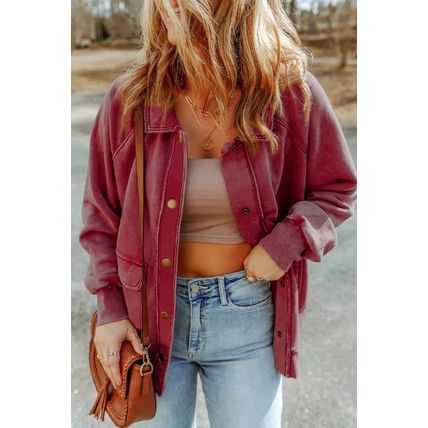Red Vintage Washed Flap Pocket Button Shacket