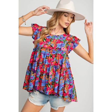 Multicolor Floral Print Ruffle Tiered Short Sleeve Babydoll Top