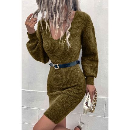 Green V Neck Bodycon Sweater Dress