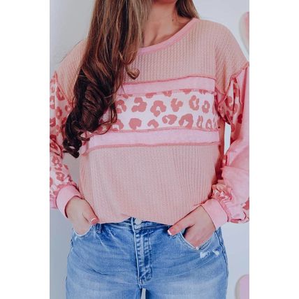 Pink Leopard Patchwork Exposed Seam Waffle Knit Top