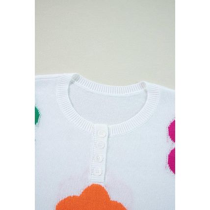 White Floral Print Buttoned Loose Lightweight Sweater