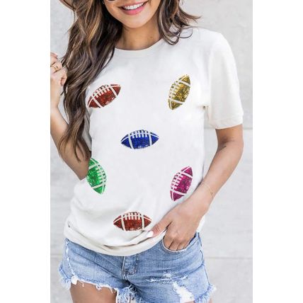 White Sequin Rugby Football Pattern Crewneck T Shirt