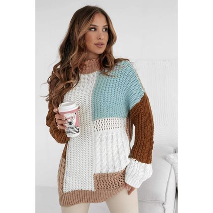 Khaki Mix Textured Knit Colorblock Patchwork Sweater