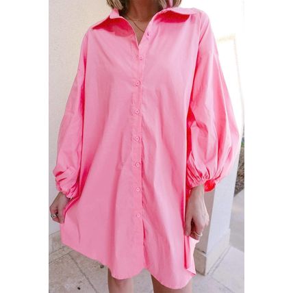 Bright Pink Balloon Sleeve Button Up Mini Shirt Dress