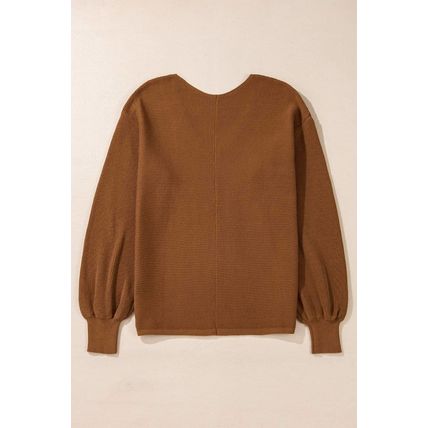 Camel Ribbed Knit Drop Sleeve V Neck Loose Fit Sweater