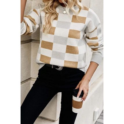 Khaki Checkered Ribbed Edge O Neck Drop Shoulder Sweater