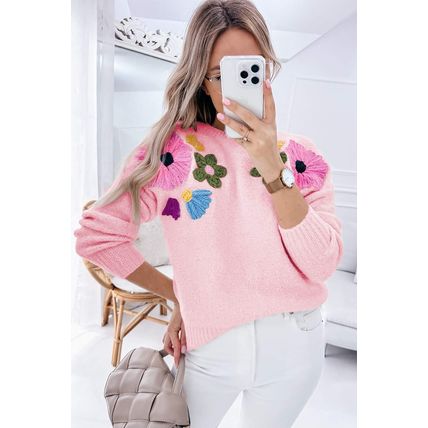 Pink Knitted Flower Pattern Ribbed Edge Sweater
