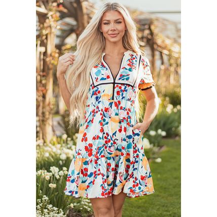 Green Floral Print Zipper Ruffled Short Sleeve High Waist Mini Dress
