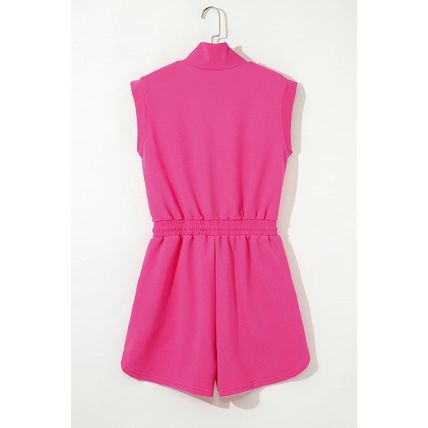 Rose Red Textured Short Sleeve Half Zip Drawstring Waist Romper