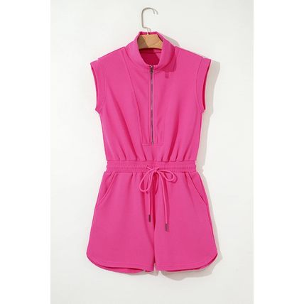 Rose Red Textured Short Sleeve Half Zip Drawstring Waist Romper