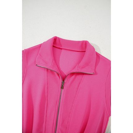 Rose Red Textured Short Sleeve Half Zip Drawstring Waist Romper
