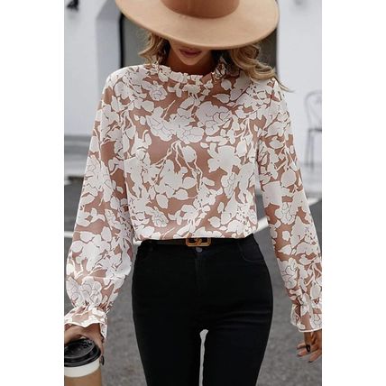 Flaxen Floral Print Frilled Neckline Flounce Sleeve Blouse