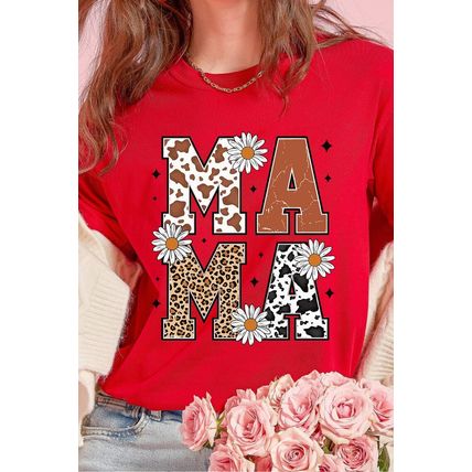 Red Western Animal Spots MAMA Letter Daisy Flower Printed Tee