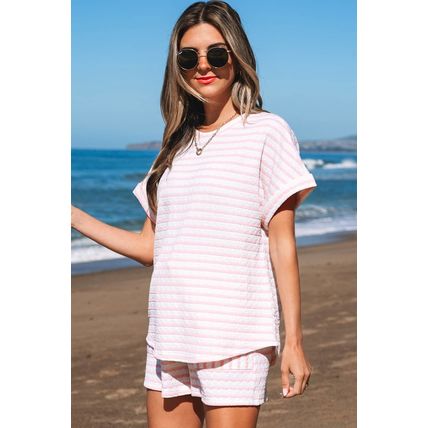 Pink Stripe Knitted Short Sleeve Top and Drawstring Shorts Set