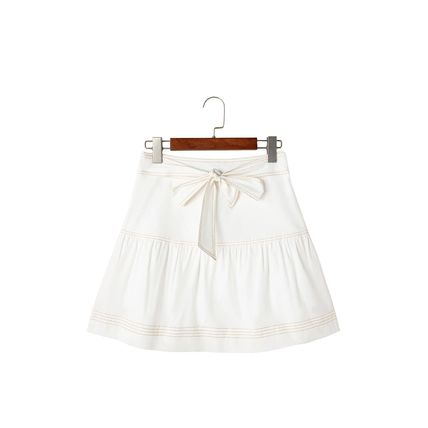 White Contrast Stitching Trim Knotted High Waist A-Line Mini Skirt