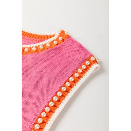 Bright Pink Contrast Trim Pearl Detail Sweater Tank Top