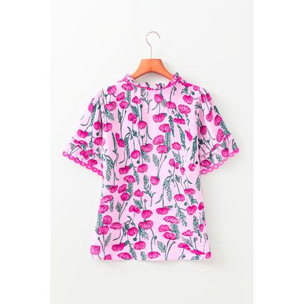 Pink Floral Lace Detail Frilled V Neck Summer Blouse