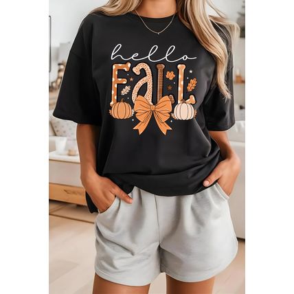 Black Hello Fall Thanksgiving Bow Pumpkin Graphic Tee
