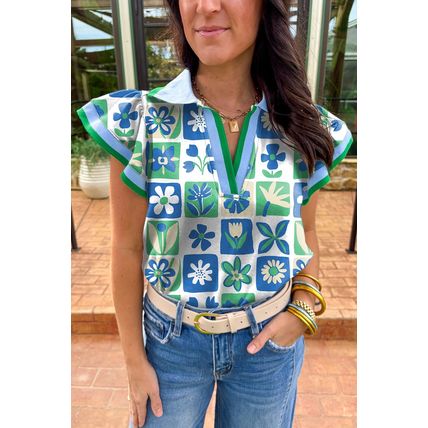Green Floral Plaid Colorblock Trim Collar Flutter Sleeve Blouse