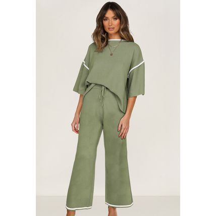 Guacamole Green Contrast Trim Half Sleeve Top Drawstring Pants Loose 2pcs Sweate