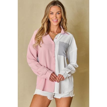 Dusty Pink Color Block/Pure Color Patch Pocket Shirt