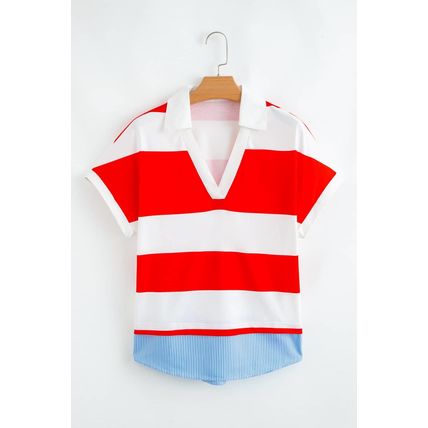 Red Stripe Collar V Neck Cuffed Dolman Short Sleeve Top