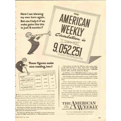 american weekly 1947 blowing own horn trade magazine media vintage ad
