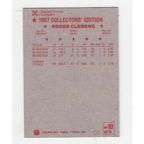 1987 Ralston Purina Roger Clemens baseball card #10