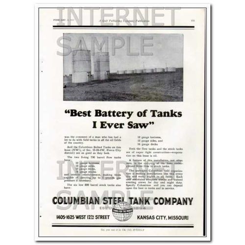 COLUMBIAN STEEL TANK COMPANY 1927 Best Battery of Tanks vintage ad