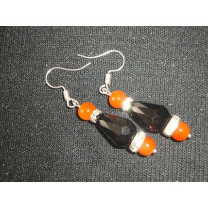 Elegant medium size black peardrop & orange crystal glass dangle earrings