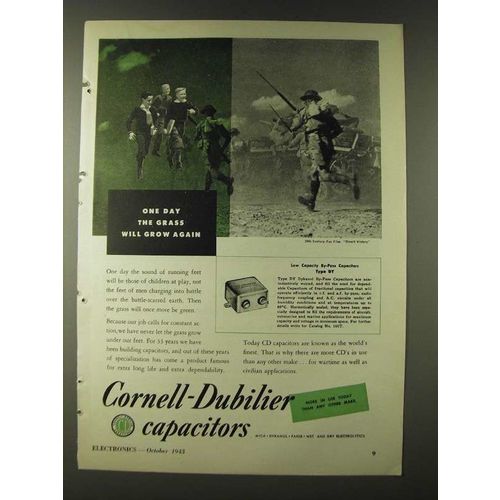 1943 Cornell-Dubilier Type DY Kykanol By-Pass Capacitors Ad - One day the grass