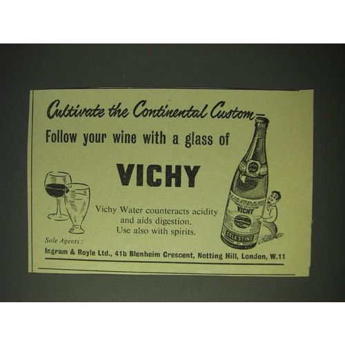 1958 Vichy Water Ad - Cultivate the Continental Custom