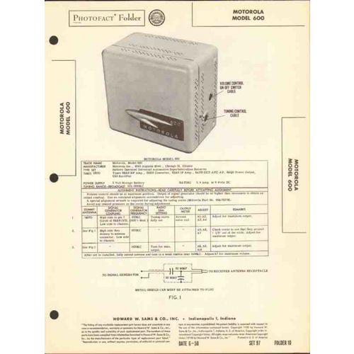 MOTOROLA model 600 6 tube AM car radio receiver Sams Photofact manual