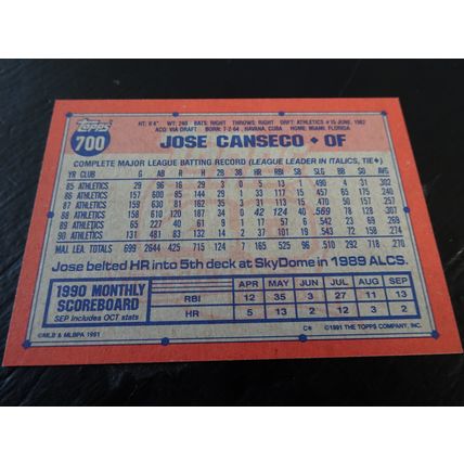 1991 Topps Card # 700 Jose Canseco Excellent-Mint (6) Oakland Athletics