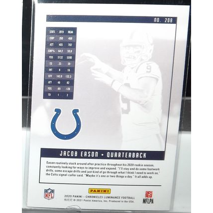 2020 Panini Chronicles JACOB EASON (Colts) Luminance Rookie Card #208