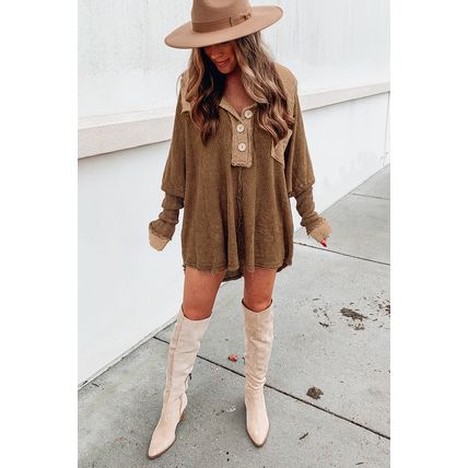Brown Waffle Knit Buttoned Long Sleeve Top