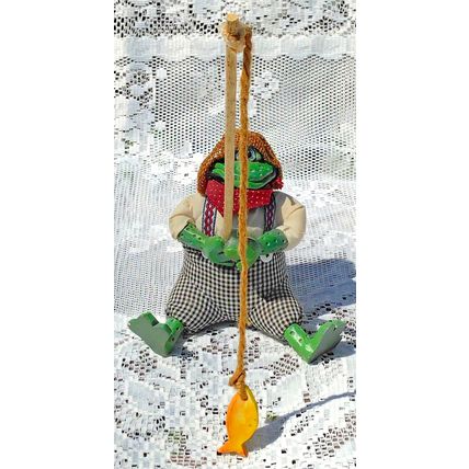 Vintage Russ Berrie Green Boy Frog Tadpole With Straw Hat And Fishing Pole