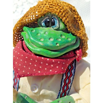 Vintage Russ Berrie Green Boy Frog Tadpole With Straw Hat And Fishing Pole