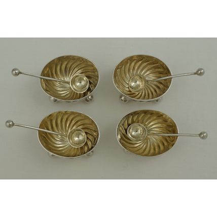 Four Little Antique Sterling Silver Gilt Salts And Spoons, Sheffield 1883.