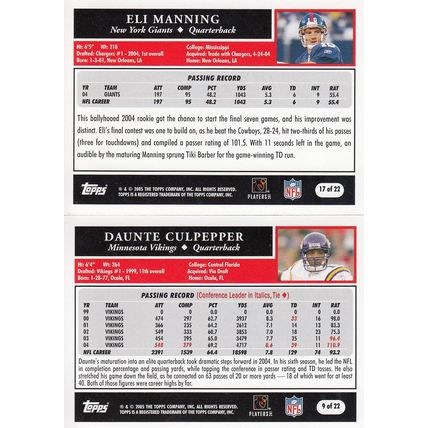 ELI MANNING & DUANTE CULPEPPER AUTO 2005 GIANTS & VIKINGS HOF SB CHAMPION QB'S