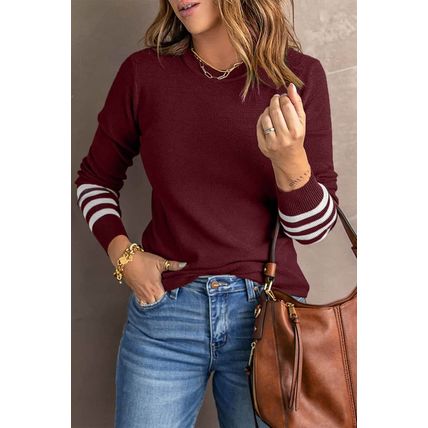 Red Striped Sleeve Plain Knit Sweater