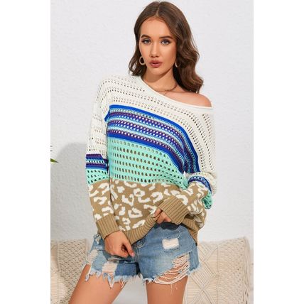 Multicolor Leopard Striped Mix Pattern Knit Crochet Sweater
