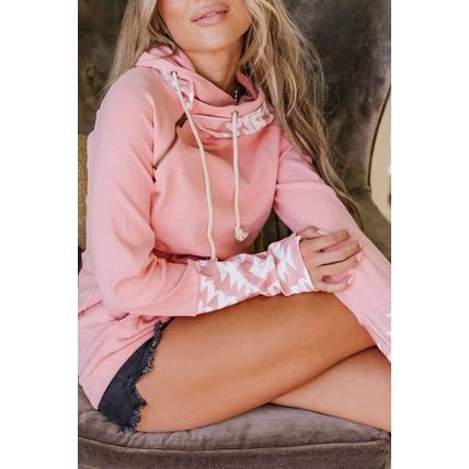Pink Aztec Print Patchwork Thumb Hole Hoodie
